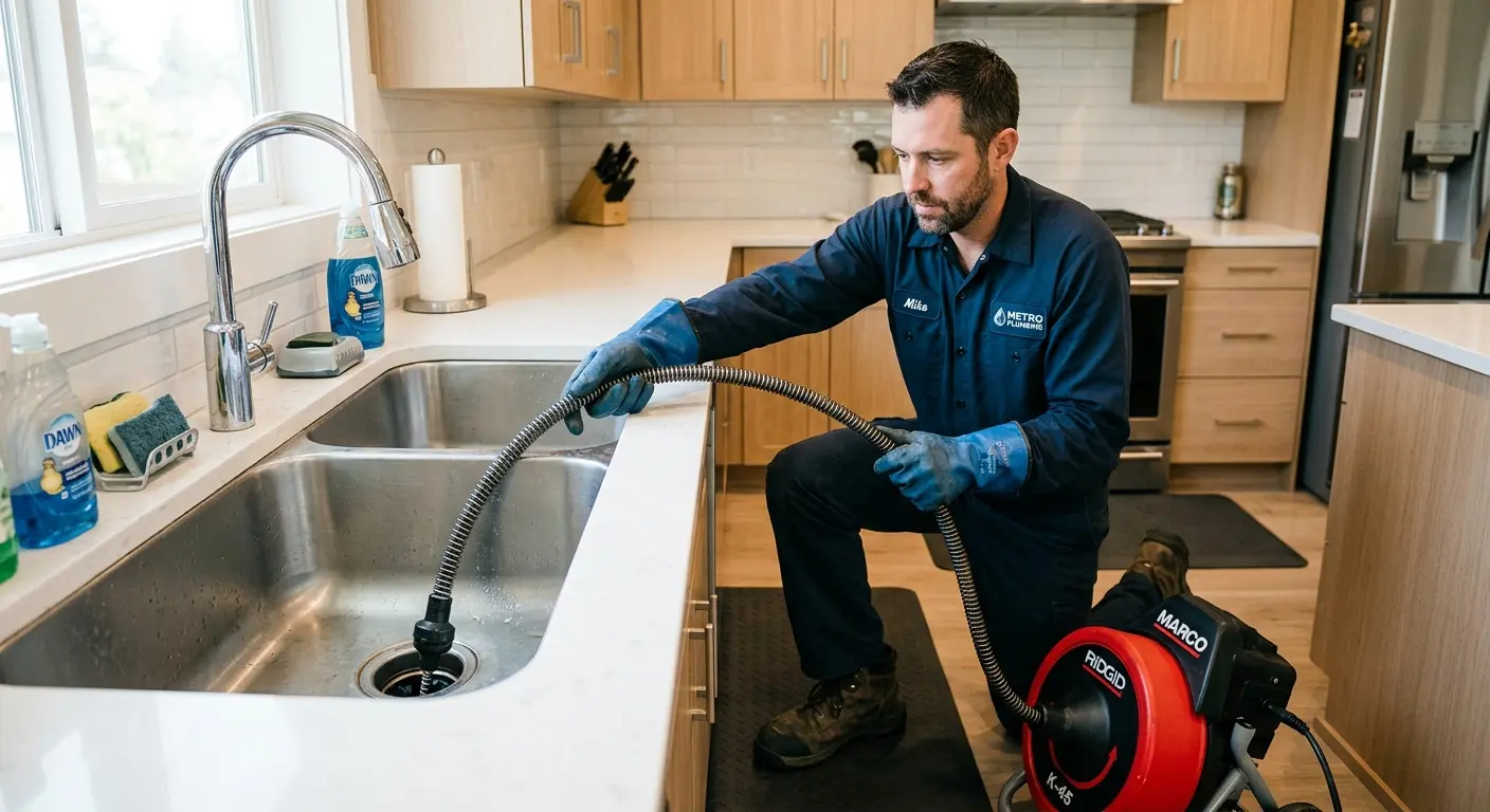 Drain cleaning technician using a motorized snake on a kitchen sink in Greenwood