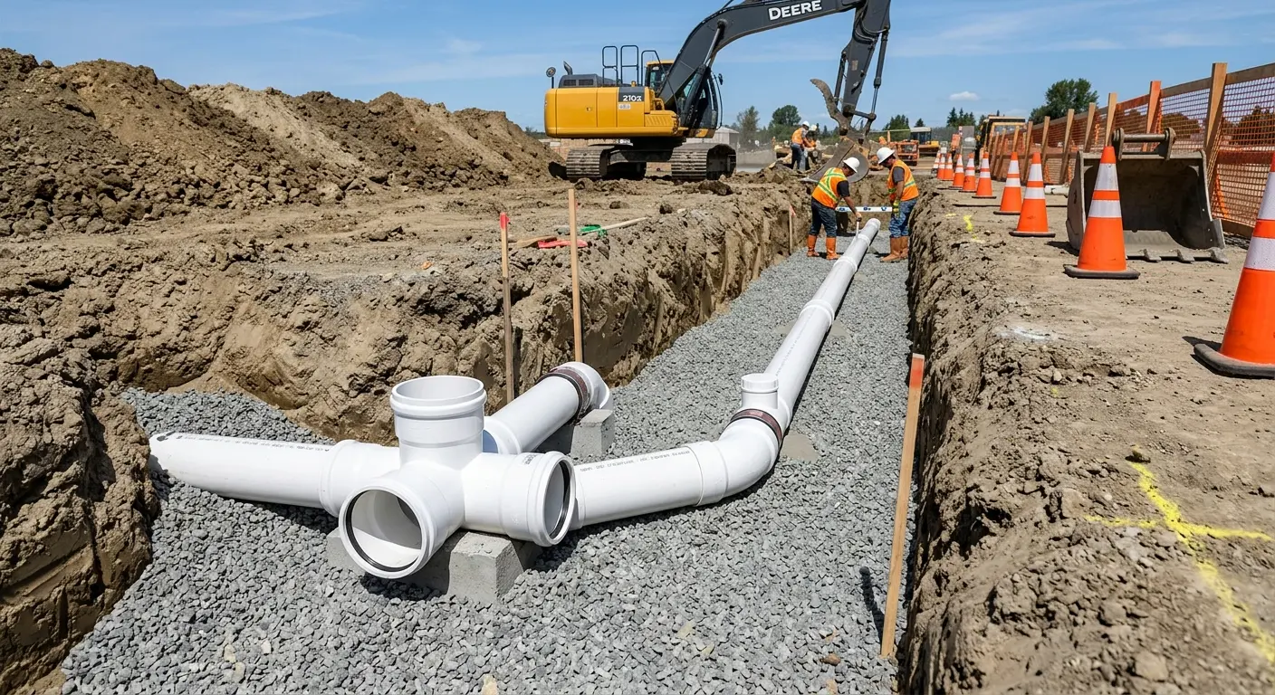 New PVC sewer pipe installation in open trench for Sewer Backup in Greenwood