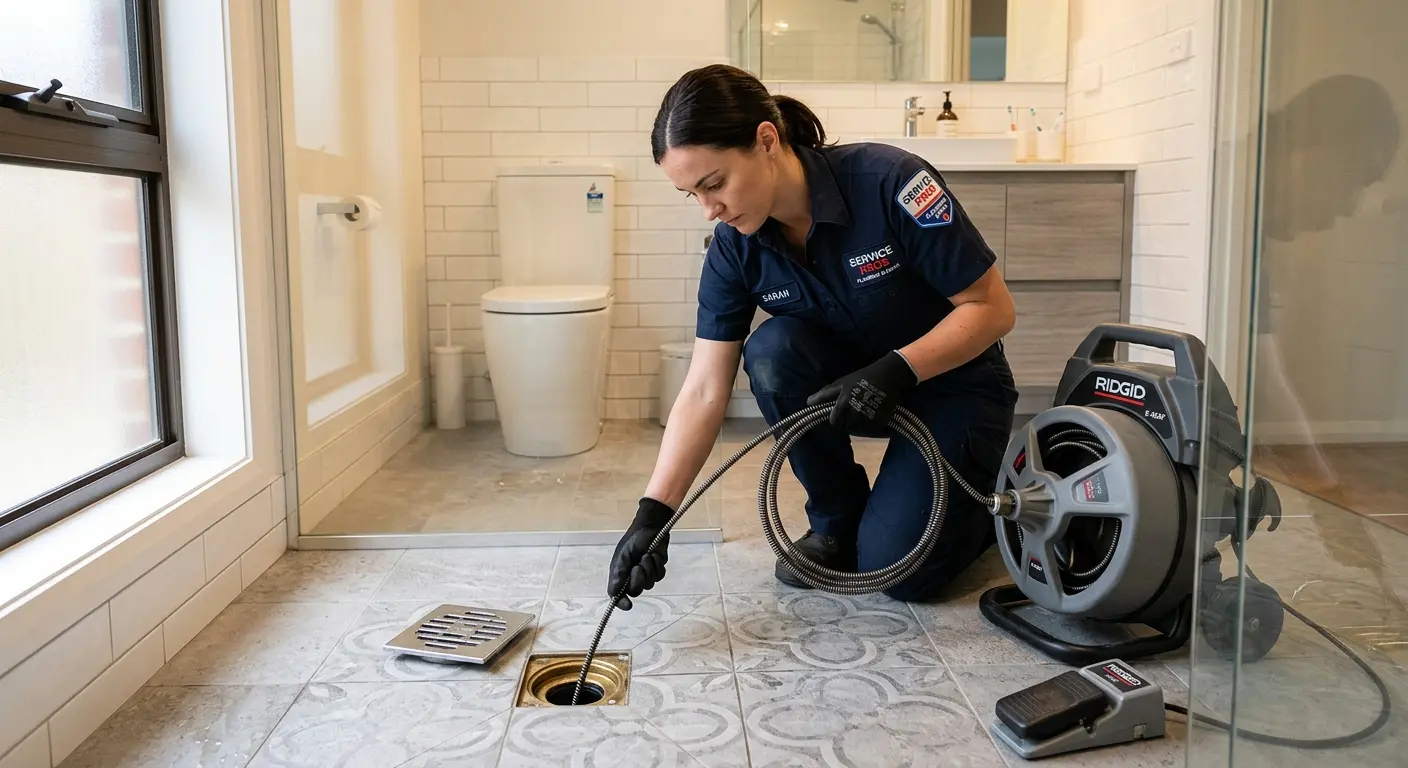 Technician clearing a bathroom floor drain for Hydro Jetting in Greenwood